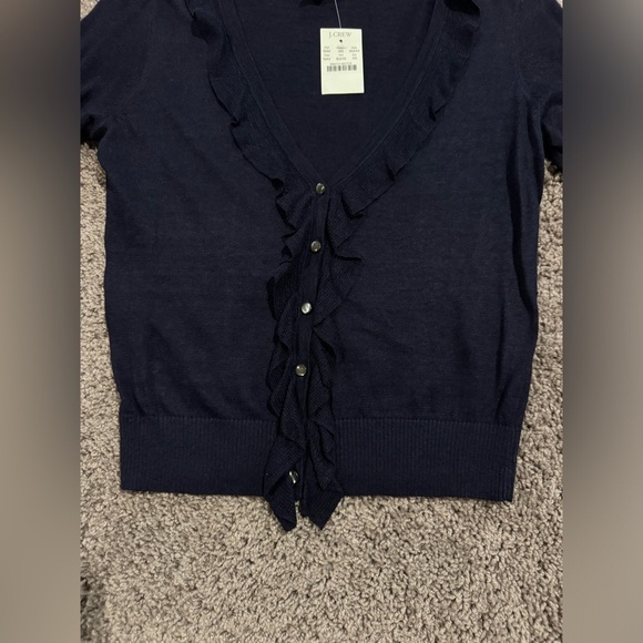 J CREW Womens Navy Linen V-Neck Sweater With Ruffles and Buttons - Picture 13 of 15